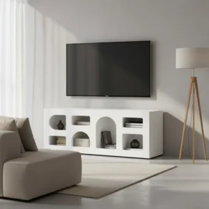 Meuble TV moderne blanc 7 étagères 100 cm - Sia Atelier - lifestyle vue de face