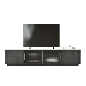Meuble TV moderne gris 160 cm portes cannelées et plateau imitation marbre - Lazlo Loft - Photo 1
