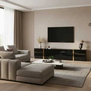 Meuble TV moderne noir laqué bords dorés 4 tiroirs 2 portes 180 cm - Niels Nest - lifestyle vue de face