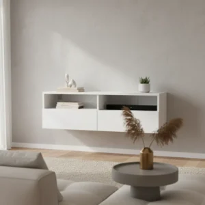 Meuble TV mural blanc avec étagères et compartiments 100x30x30 cm - Nilo Nest - lifestyle vue de face