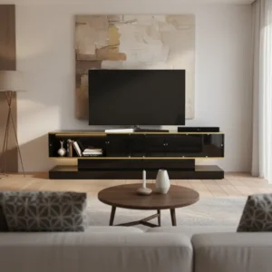 Meuble TV noir doré avec LED 3 tiroirs et niche 180 cm - Ari Studio - lifestyle vue de face
