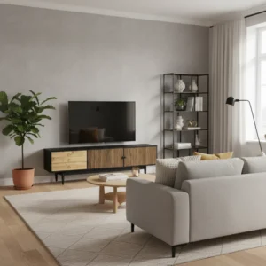 Meuble TV scandinave noir et bois 2 portes 3 tiroirs 180 cm - Mael Prime - ambiance appartement vue large