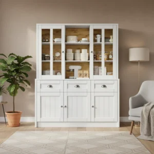 Vaisselier blanc avec portes vitrées et rangement 140x175 cm - Kora Atelier - lifestyle vue de face
