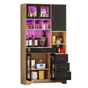 Vaisselier de cuisine noir et naturel avec éclairage LED 100x40x185 cm - Isis Living - Photo 1