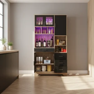 Vaisselier de cuisine noir et naturel avec éclairage LED 100x40x185 cm - Isis Living - lifestyle vue de face