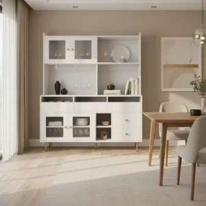 Vaisselier moderne blanc portes vitrées MDF et métal 145x171 cm - Tess Home - lifestyle vue de face