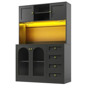 Vaisselier moderne noir portes verre cannelé et LED 120x188cm - Selma Edge - Photo 1
