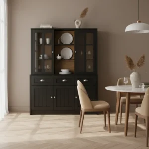 Vaisselier moderne noir portes vitrées 140x175 cm - Kora Oak - lifestyle vue de face
